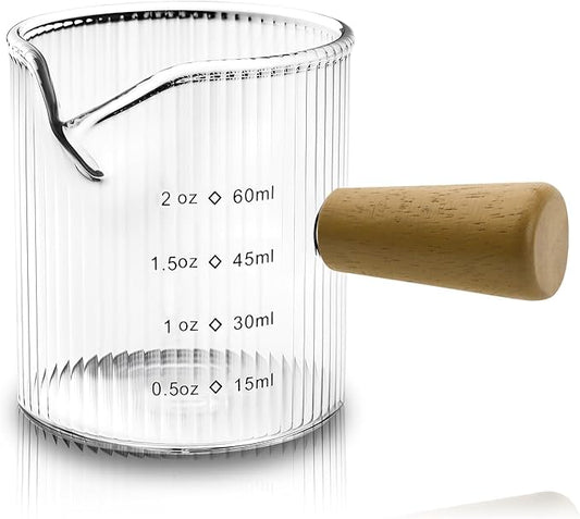 Espresso Measuring Cup 2 OZ, Espresso Glass Cups with Wood Handle, Milk Frothing Cup, Espresso Cup for Coffee, Milk, Tea or Maple Syrup Serving (Transparent, 2 oz)
