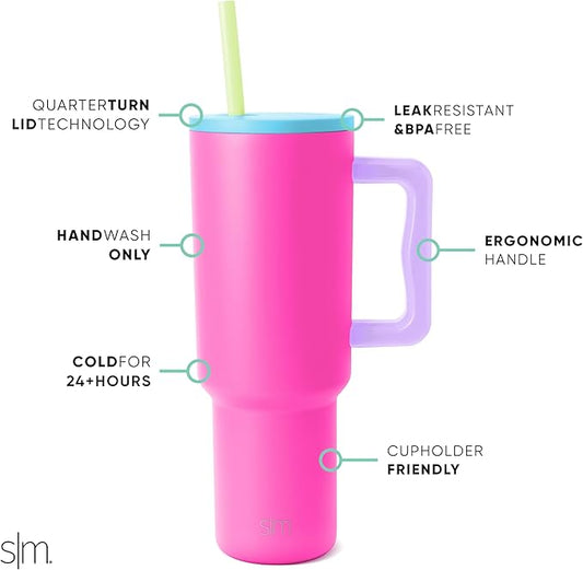 Simple Modern 40 oz Trek Tumbler with Handle and Straw Lid | Cup Holder Friendly Insulated Stainless Steel Travel Mug | 80s Mix