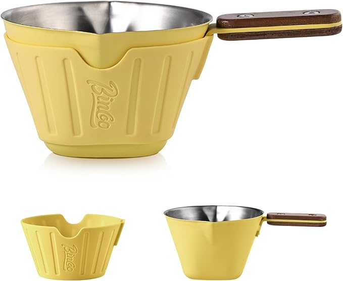 Espresso Shot Cup with Dual Spout - Espresso Measuring Cup with Wood Handle and Anti-Scald Cover, Stainless Steel Espresso Pouring Cup for Home & Cafe Use, 90ML/3oz