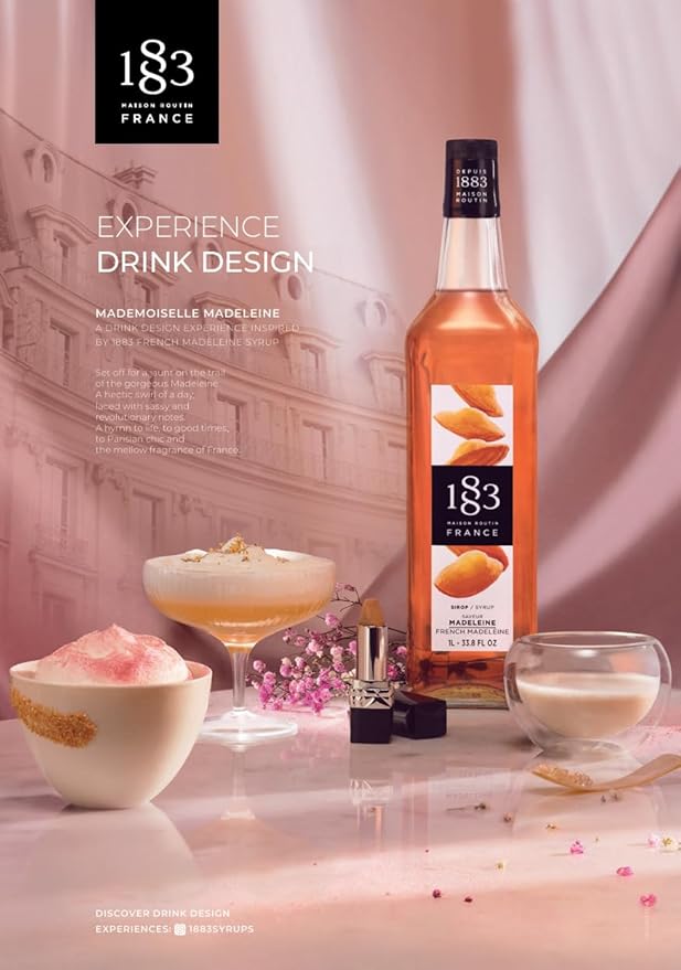 1883 French Madeleine Syrup for Drinks – Premium Flavoring Syrup Made in France, 1 Liter Glass Bottle – Perfect for Coffee, Lattes, Cocktails, and Desserts