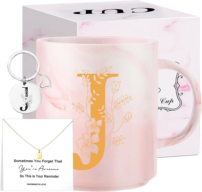 Monogrammed Valentine Day Gifts for Women, 11 oz Initial Ceramic Coffee Tea Mug with Necklace, Unique Mohters Day Birthday Gift for Her Wife Teacher Friend Mom, J