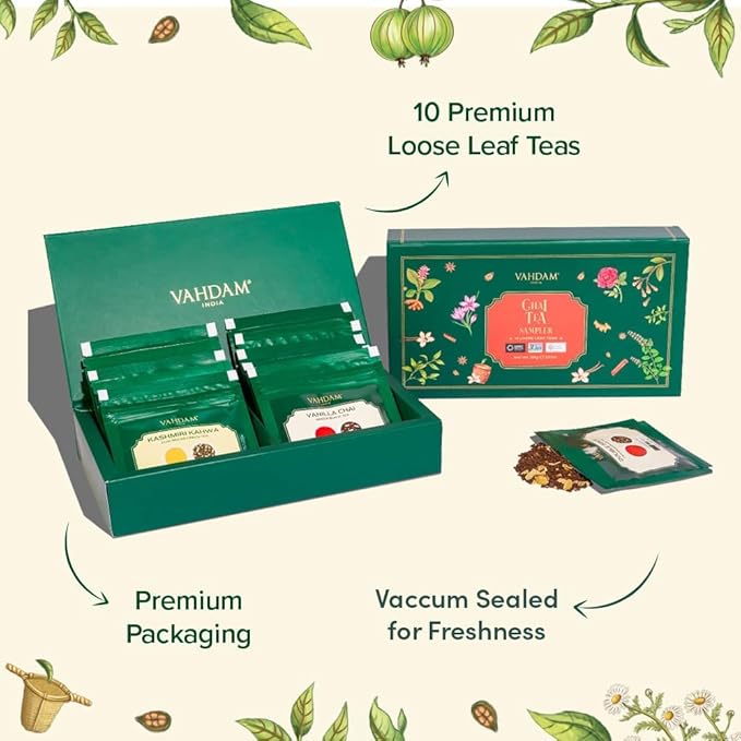 VAHDAM, Assorted Chai Teas Loose Leaf Tea Gift Set (10 Flavor, 50+ Servings) Valentines Day Gifts for Him & Her | Indian Exotic Chai Tea Blends | Resealable Ziplock Pouch