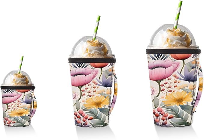 Reusable Iced Coffee Cup Sleeve Florals Neoprene Insulated Sleeves Cup Holder with handle Idea for 16oz - 18oz