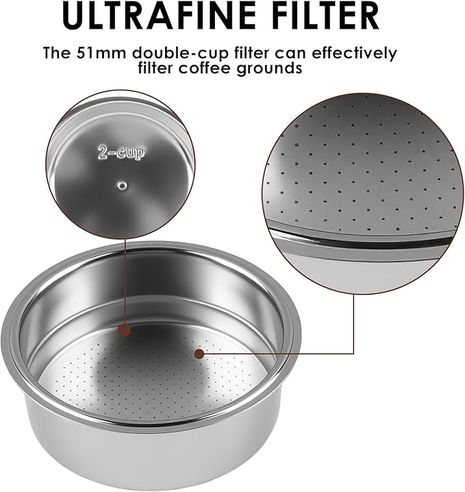 51mm Pressurized Filter Basket 2 Cups Stainless Steel for Espresso Semi-Automatic Coffee Machine, Double Layer Portafilter for Americano Cappuccino Barista