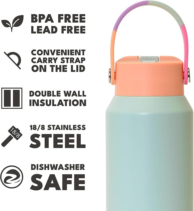 Elemental 40oz Insulated Water Bottle with Straw - 100% Leak-Proof Stainless Steel Core Water Bottles for Travel, Sports and Gym - Double Wall Insulation & BPA Free - Mint Sorbet