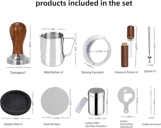 51mm Coffee Espresso Tamper Set - 25PCS Machine Accessories with Tamper, WDT Tool, Stirrer, Frothing Pitcher, Latte Art Pen, Coffee Stencils for Machine, Dosing Funnel, Sifter Sprinkler Powder