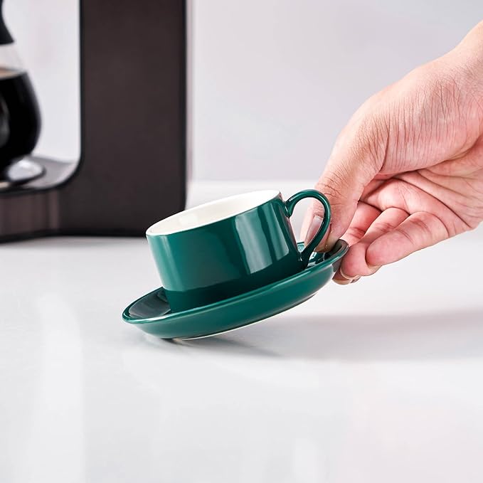 Meichu 2.5oz Porcelain Stackable Espresso Cups with Saucers and Metal Stand Set of 4, Stackable Espresso Cups Set of 4, Green Expresso Shots Cup Set for Cappuccino, Coffee Drinks, Latte, Tea