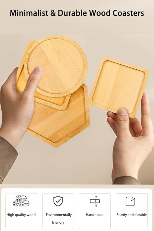 Wood Coasters Set of 4 - Handcrafted Drink Coaster Thick Heat-Resistant for Office, Bar, Farmhouse - Natural Bamboo Drink Unique Cup Coasters for Table Protection (Hexagonal)
