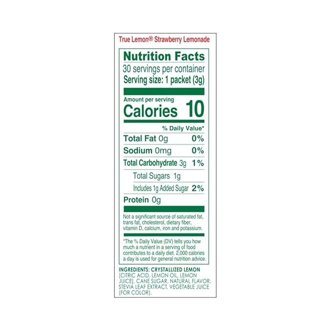 True Lemon Strawberry Lemonade 30ct (Pack of 1) - Drink Mix - No Artificial Sweeteners, Low Calorie - Powdered Drink Mixes & Flavors - Water Flavor Packets & Water Enhancer with Stevia
