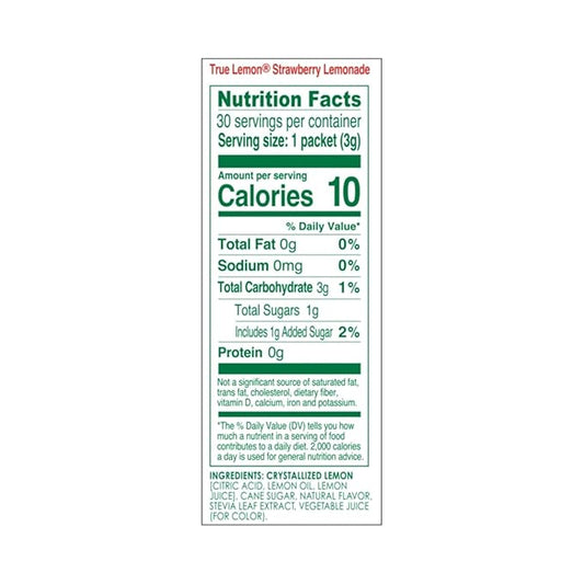 True Lemon Strawberry Lemonade 30ct (Pack of 1) - Drink Mix - No Artificial Sweeteners, Low Calorie - Powdered Drink Mixes & Flavors - Water Flavor Packets & Water Enhancer with Stevia