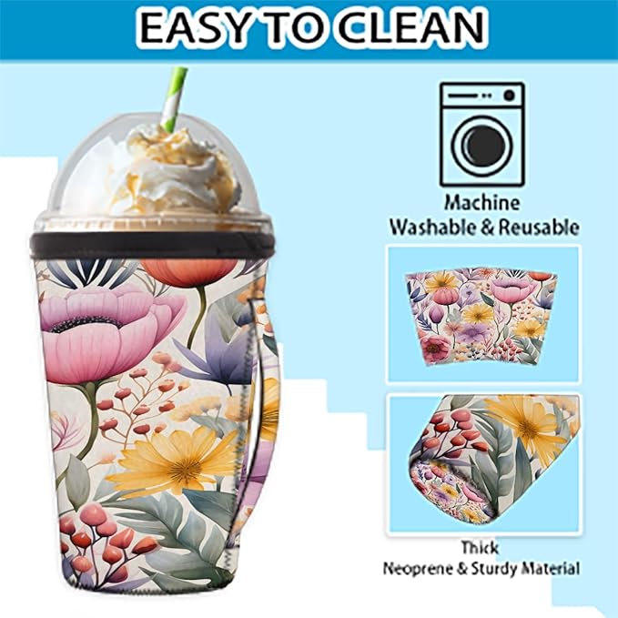 Reusable Iced Coffee Cup Sleeve Florals Neoprene Insulated Sleeves Cup Holder with handle Idea for 24oz - 28oz