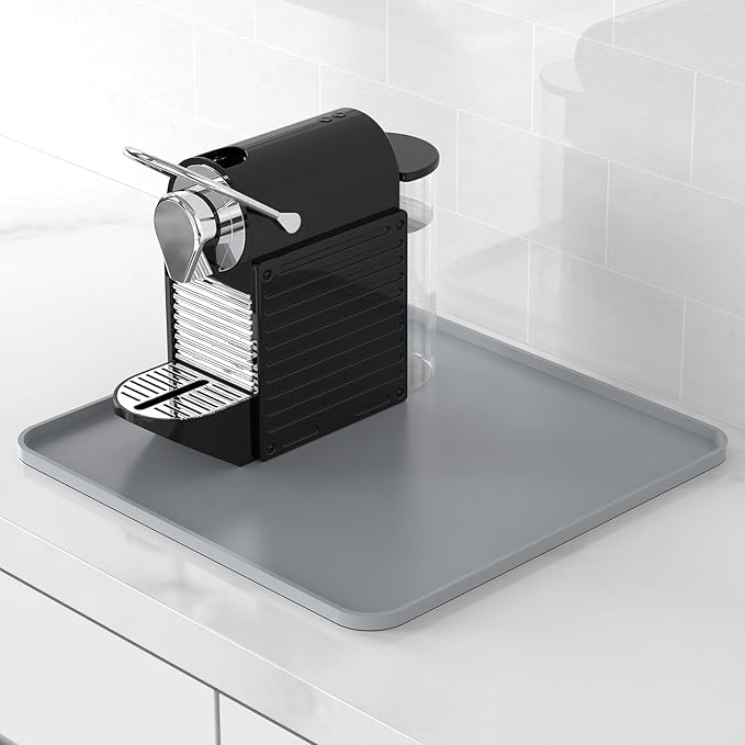 Garolue Silicone Coffee Mat,16"×16" Waterproof Heat Resistant Bar Mat for Espresso Machine Station Accessories,Non Slip Dish Drying Mat for Kitchen Counter,Home Decor Essentials,Grey
