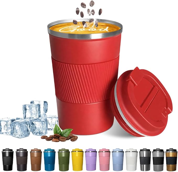 YINBAOGE Insulated Travel Coffee Mug, Spill & Leak Proof, Portable To Go Camping Stainless Steel Coffee Tumbler, Reusable Thermal Coffee Cup with Lid for Hot & Cold Drinks (Red, 12 OZ)