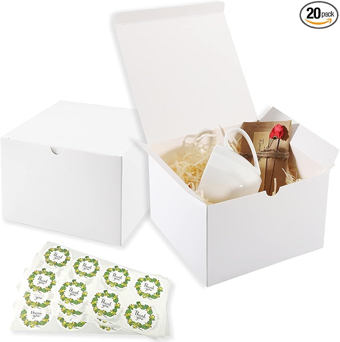 Frantis White Gift Boxes - 20 Pack Small Gift Box with Lids (5x5x3 inch) for Party, Christmas, Wedding Occasions - Easy to Assemble with 24 Thank You Stickers