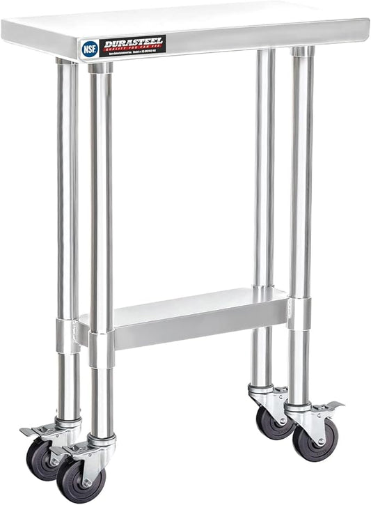 DuraSteel 24x12 NSF Stainless Steel Cart Work Table - Heavy Duty Rolling Food Prep Table - Metal Utility Cart on Wheels Caster, Grill Stand Microwave Outdoor Kitchen Tables Countertop Island Top Vevor