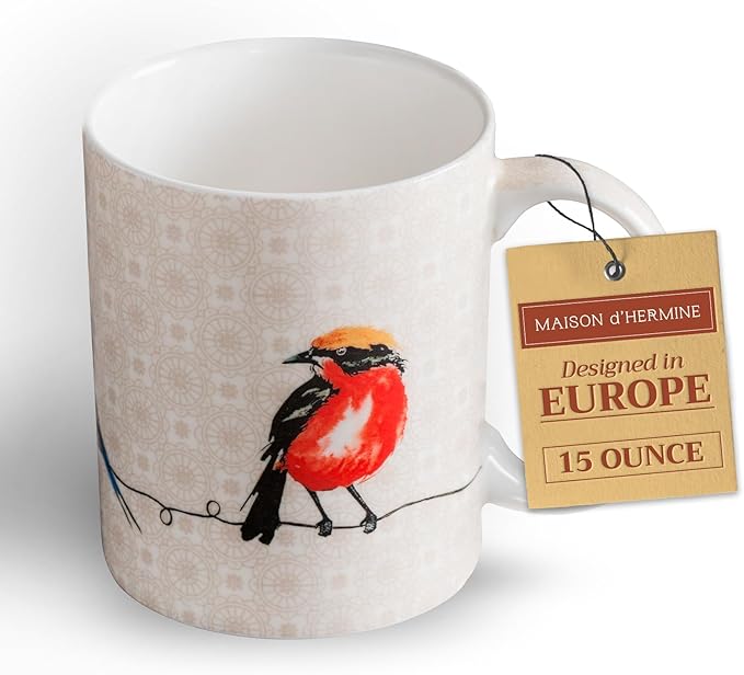 Maison d' Hermine Coffee Mug with Handles Fine Bone China Mugs Pack of One Tea Cups for Hot Beverages Cappuccino Latte Home Restaurant Office Perfect for Gift (Birdies On Wire - Nuthatch, 15 Ounce)