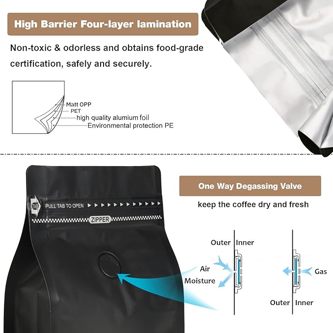 100 Count ½ LB Black Color Foil Coffee Bags with Degassing Valve, High Barrier Aluminum Foil - Flat Bottom Coffee Pouches, Food Storage Bags with Rsealable Zipper & Easy Open Tape (Pack of 100,