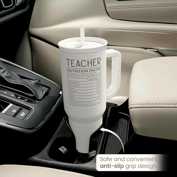 Teacher Appreciation Gift – 40oz Stainless Steel Insulated Tumbler with Handle and Straw - Teacher Nutrition Facts Travel Coffee Mug Cup for Women Back to School Birthday Christmas