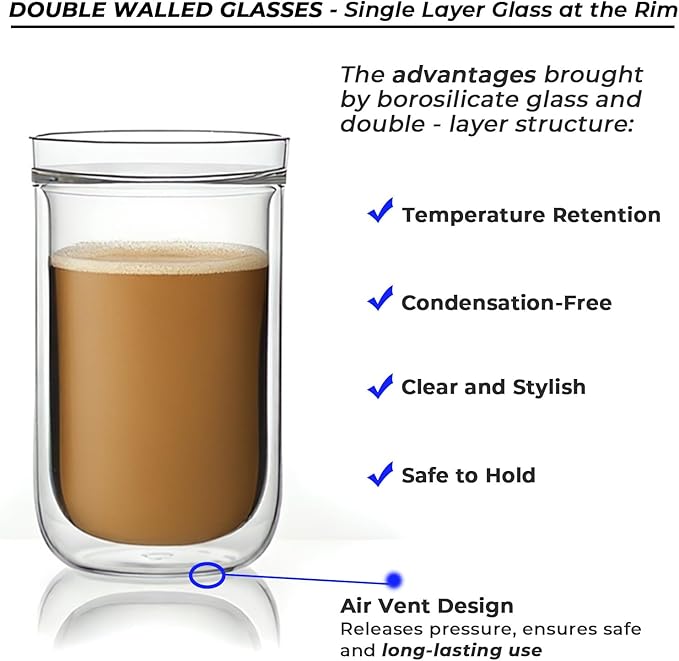Aquach 12 Oz Double Walled Glass Coffee Mugs, Clear Glass Tea Cups, Microwave and Dishwasher Safe Home Office Insulated Cups Perfect for Americano Latte Hot&Cold Beverages, 2-Pack
