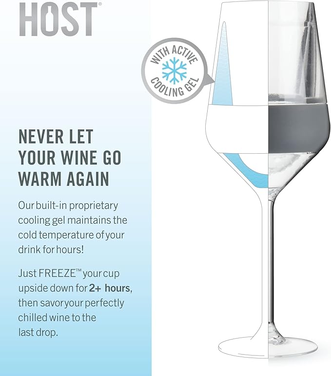 Host Wine Freeze Double-Walled Stemmed Wine Glasses Freezer Cooling Cups with Active Cooling Gel and Insulated Silicone Grip, 6.5 Oz Plastic Tumblers, Gray, Set of 2