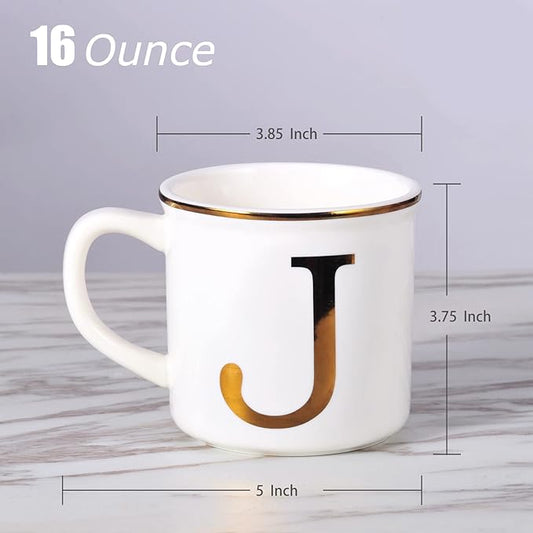 Miicol Ceramic Coffee Mug 16 oz, Monogram Coffee Cup, Golden Initial Tea Mug, Personalized Tea Cup, Unique Gift, Large Mug for Home, Office, Letter J