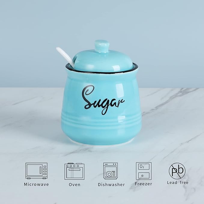 HAOTOP Farmhouse Porcelain Sugar Bowl with Lid and Spoon 12oz,Easy to Clean (Turquoise)