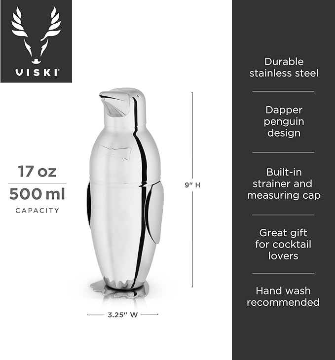 Viski Penguin Cocktail Shaker with Strainer, Stainless Steel Cobbler Shaker for Margaritas, Whiskey Sours & Other Cocktails, Bar Cart Accessories for Home Bars, Cocktail Party Essentials, 17 oz