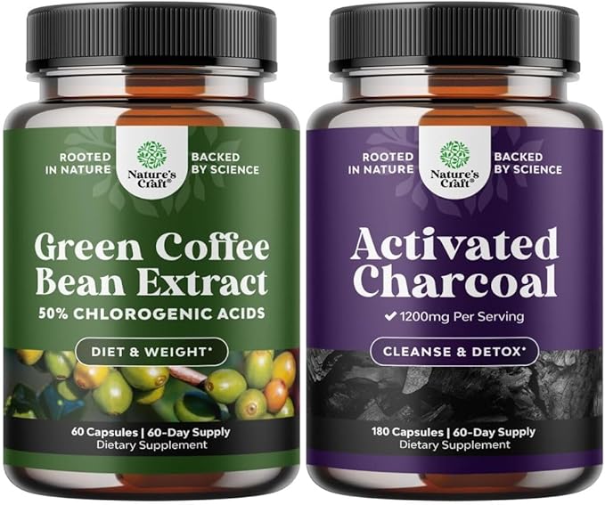 Bundle of Pure Green Coffee Bean Extract for Antioxidant Heart Health Mental Focus and Size Reduction and Cleanse and Detox Activated Charcoal Capsules for Bloating Relief and Body Detox Cleanse