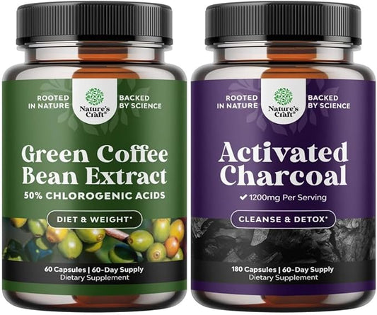 Bundle of Pure Green Coffee Bean Extract for Antioxidant Heart Health Mental Focus and Size Reduction and Cleanse and Detox Activated Charcoal Capsules for Bloating Relief and Body Detox Cleanse