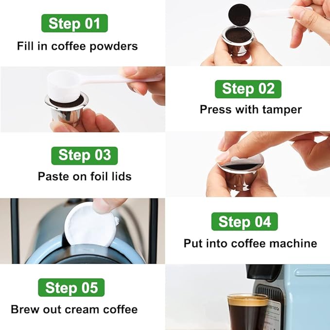Reusable Espresso Capsules Refillable Coffee Pods Stainless Steel Cups Filters Compatible for Nespresso Original Line Machines with Aluminum Foil Seals Stickers Lids (2 Cups+100 Lids)