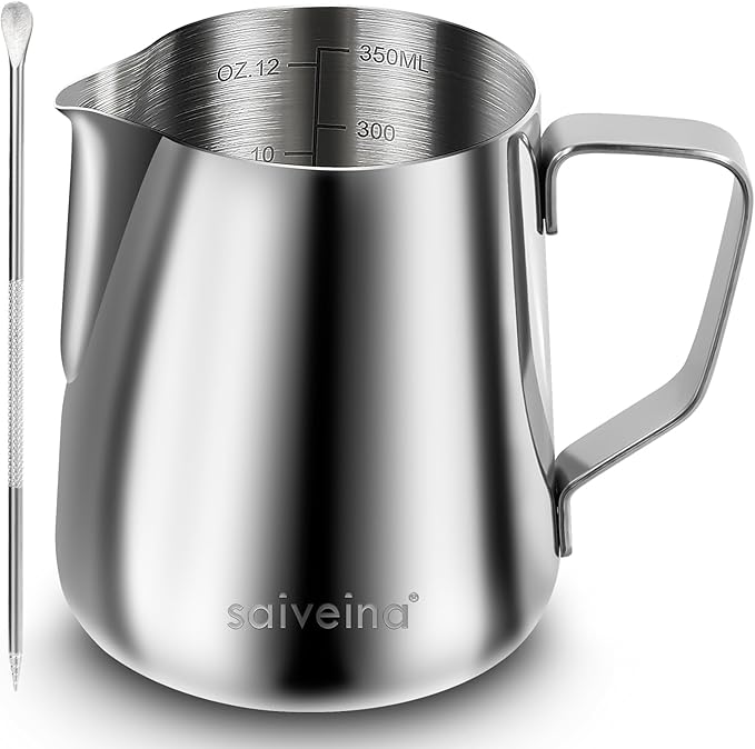 Milk Frothing Pitcher, Espresso Steaming Pitcher 12oz,Espresso Machine Accessories,Stainless Steel Milk Coffee Cappuccino Barista Steam Pitchers Milk Jug Cup with Decorating Pen Latte Art