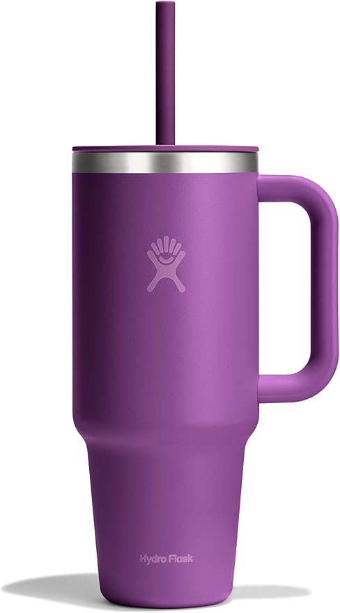 Hydro Flask Travel Tumbler with Handle, Lid and Straw - Insulated Stainless Steel in 40 Oz Beachplum Purple