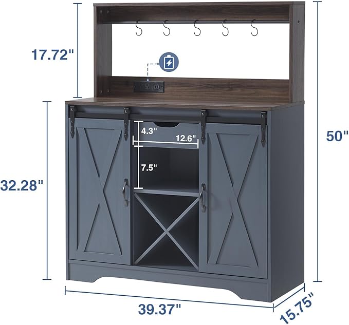 Wnutrees Farmhouse Coffee Bar Cabinet with Charging Station and USB Ports,Sliding Barn Door,39" Kitchen Hutch Sideboard Buffet Storage Cabinet,Fits Kitchen Dining Living Room, Blue