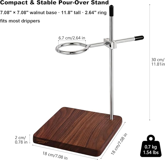 COZYGIFT Pour Over Coffee Stand with American Black Walnut Base, Adjustable Coffee Dripper Stand, Wooden Brewing Station, Cone Holder, Elegant Gift for Brew Enthusiasts, Home Barista & Kitchen Décor