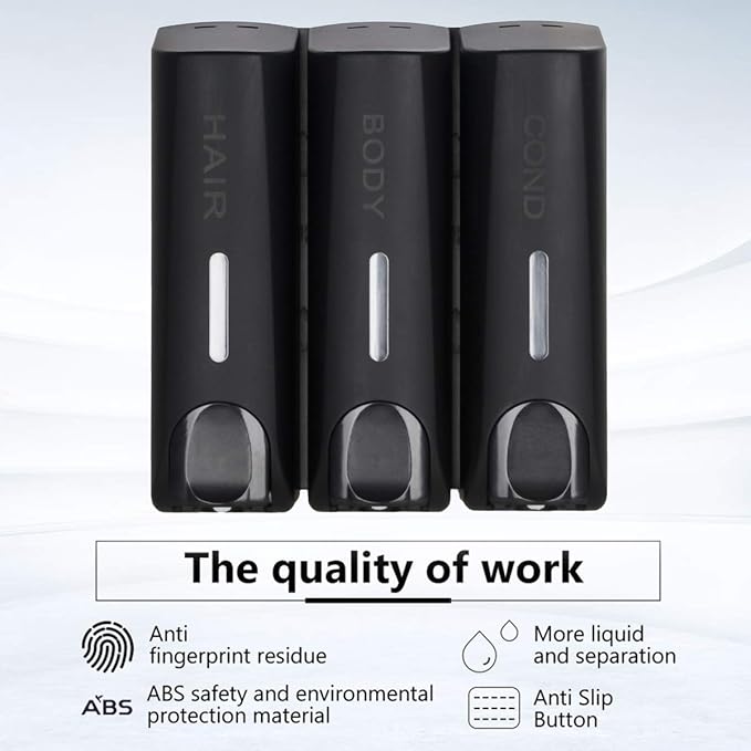 Chamber Shower Soap Dispenser Trio Wall Mounted Shampoo and Conditioner Dispenser Set, No Drill for Bathroom Hotel, Black