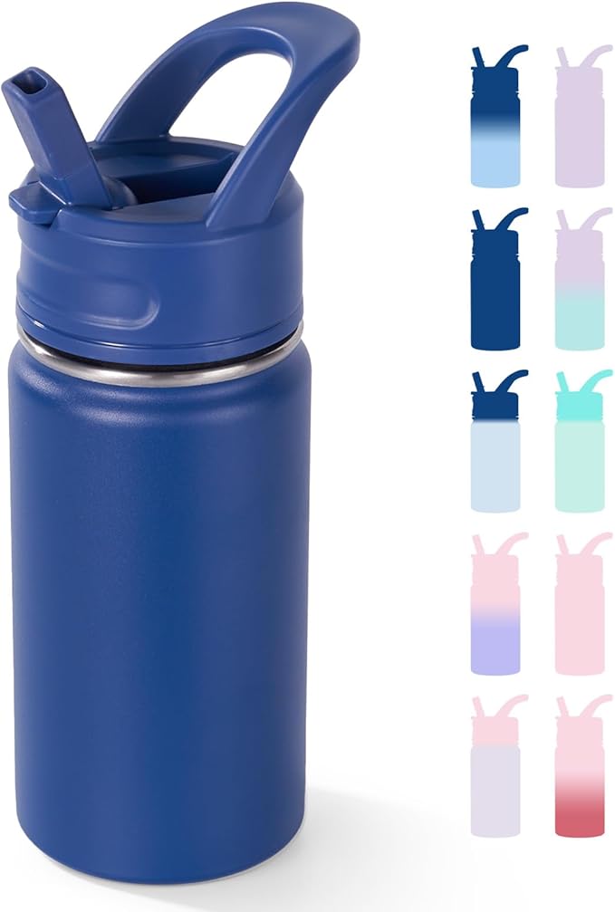 12oz Kids Water Bottle for School, Toddler Water Bottles with Straws, Insulated Water Bottles for Boys&Girls, Stainless Steel Vacuum Insulated Bottle for Kids, Leak-Proof, BPA-Free, Blue