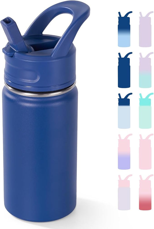 12oz Kids Water Bottle for School, Toddler Water Bottles with Straws, Insulated Water Bottles for Boys&Girls, Stainless Steel Vacuum Insulated Bottle for Kids, Leak-Proof, BPA-Free, Blue