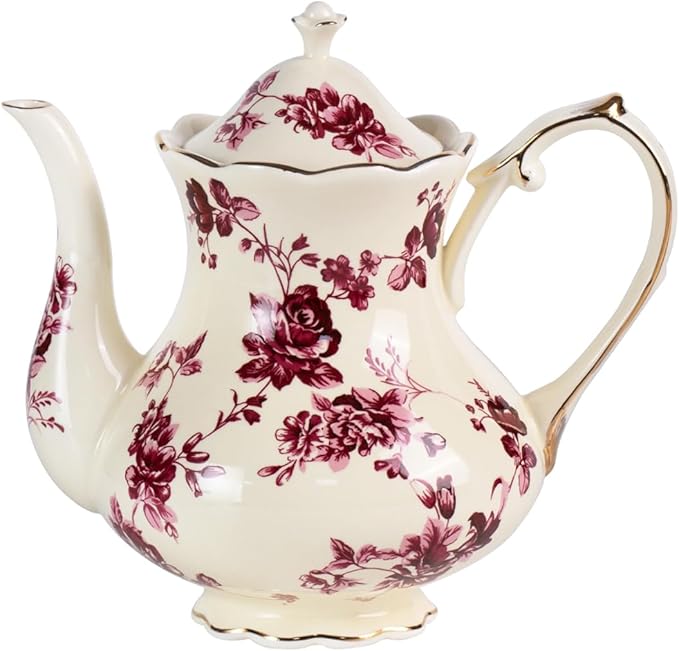 KAMMAK Teapot with Handle, Vintage Porcelain Tea Pot with Gold Trim, Blooming & Loose Leaf Teapot, Festive Holiday Serveware, Gifts for Women, Red Flowers - 30 oz