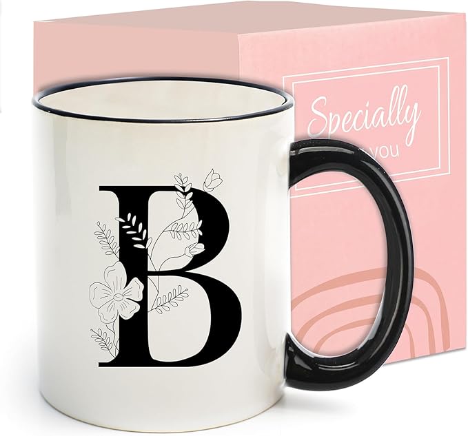 Monogram Ceramic Coffee Mugs, 11 oz Initial Drinking Cup with Gift Box, Unique Birthday Valentines Day Gifts for Women Wife Mothers Day Grandma Mom Aunt, B