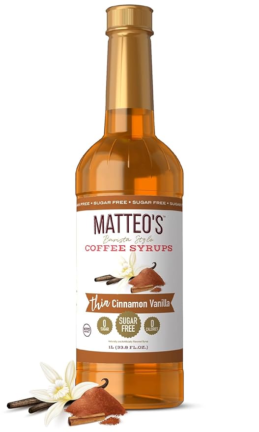 Matteo's Cinnamon Vanilla Syrup for Coffee, Lattes, Cappuccinos & Desserts – Sugar-Free Sweetener for Beverages, Keto Friendly, Zero Calories, Indulgent Flavor, Non-Alcoholic, 33.8oz (1pk)