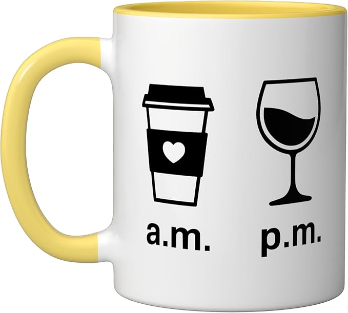 Coffee AM Wine PM - Funny Minimalist Coffee Wine Lover Ceramic Mug, Yellow/White