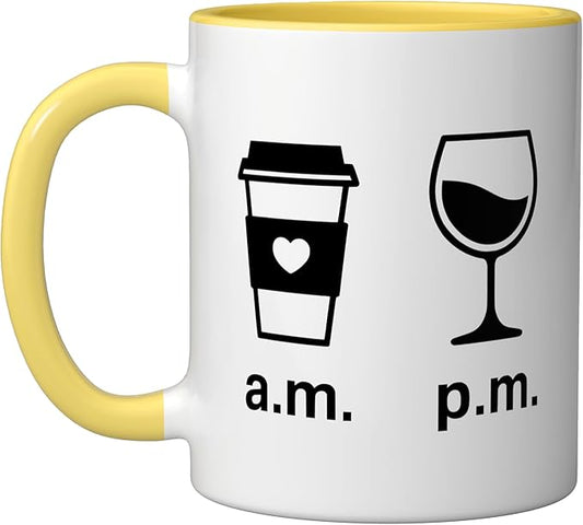 Coffee AM Wine PM - Funny Minimalist Coffee Wine Lover Ceramic Mug, Yellow/White