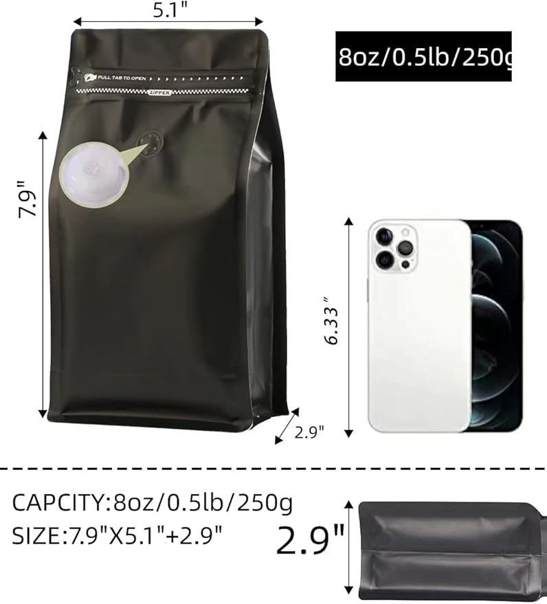Coffee Bags with Valve (8 oz,1/2 lb,100pcs) Black High Barrier Aluminumed Foil Flat Bottom Heat Sealed Coffee Beans Packaging Bags Side Zipper Resealable Bags for Home or Business
