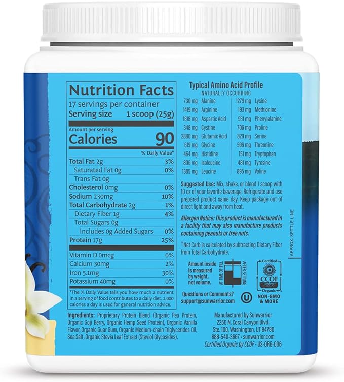 Sunwarrior Organic Plant Based Protein Powder – Vanilla, 17 Servings | Vegan, BCAA, Hemp Seed Pea Blend, Non-GMO, Gluten Free