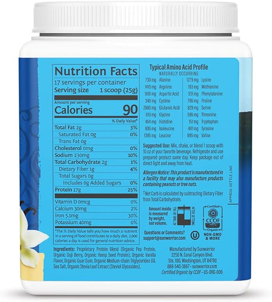 Sunwarrior Organic Plant Based Protein Powder – Vanilla, 17 Servings | Vegan, BCAA, Hemp Seed Pea Blend, Non-GMO, Gluten Free