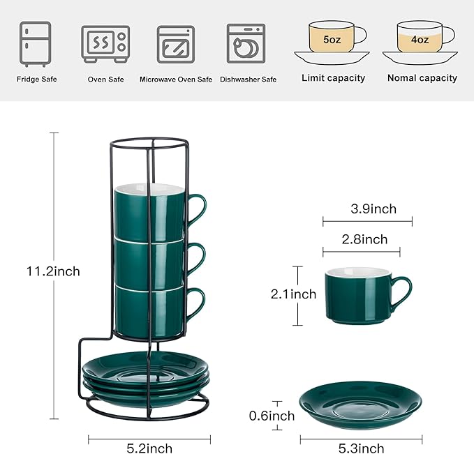 Meichu 4oz Porcelain Stackable Espresso Cups with Saucers and Metal Stand Set of 4, Stackable Espresso Cups Set of 4, Green Expresso Shots Cup Set for Coffee Drinks, Cappuccino Latte, Americano, Tea