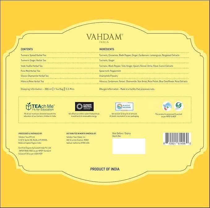VAHDAM, Assorted Herbal Tea Variety Pack (6 Variants, 36 Tea Bags) Caffeine Free, Gluten Free, Non GMO | Eco Friendly Long Leaf Pyramid Tea Bags I Valentines Day Gift Set for Him & Her