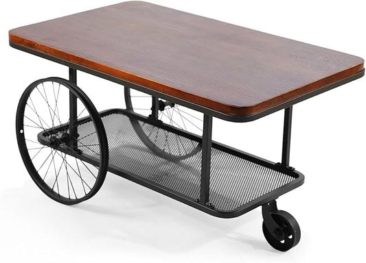 21.6inch Height Rolling Bar Cart with Metal Storage Shelf Industrial Rectangle Coffee Table Side Table on Wheels for Living Room Vintage Mobile Serving Cart for Outdoor Indoor