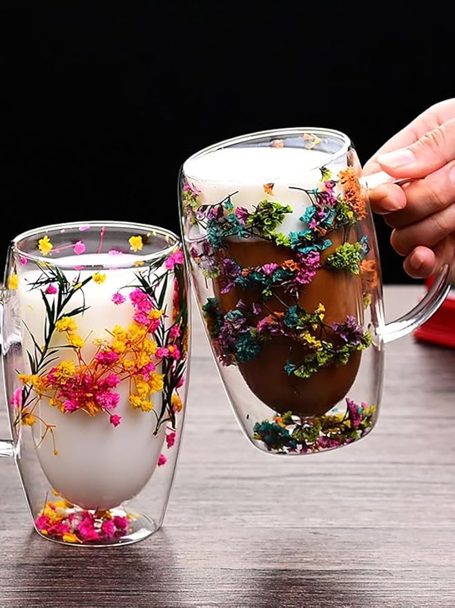 Double Wall Coffee Mugs, 5.71 IN Insulated Glass Coffee Mugs with Handle Aesthetic Dried Flowers Cups with Handles Clear Glass Cups Large Coffee Mug for Hot Drinks Tea (C)