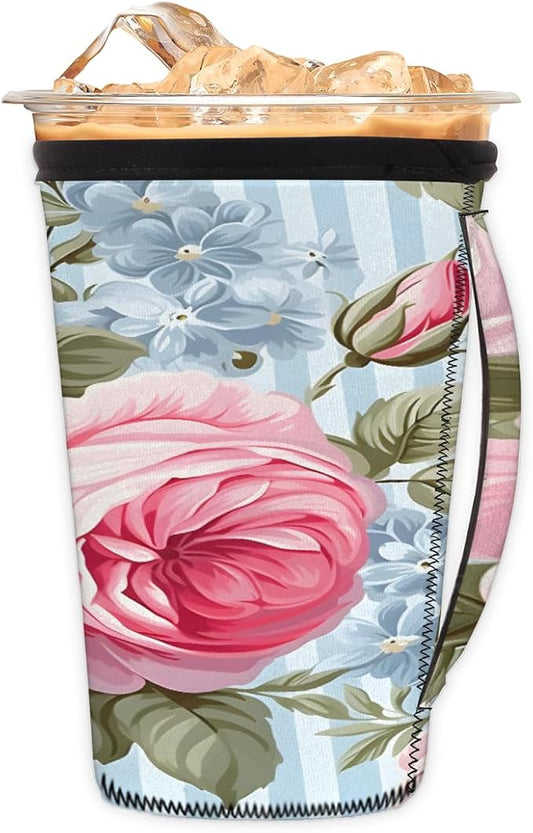 Reusable Iced Coffee Cup Sleeve Rose Blue Stripes Neoprene Insulated Sleeves Cup Holder with handle Idea for 30oz - 32oz